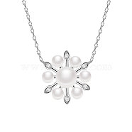 TINYSAND Rhodium Plated 925 Sterling Silver Pendant Necklace, Flower Pendant with Cubic Zirconia and Cultured Pearl, Platinum, 16 inch(TS-N441-S)