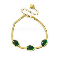 Ion Plating(IP) 304 Stainless Steel Herringbone Chain Bracelets, Green Oval Resin Link Bracelets for Women, Real 18K Gold Plated, 7-1/2 inch(18.9cm)(X-BJEW-R316-01G)