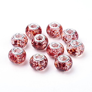 Spray Painted Glass European Beads, with Silver Brass Cores, Large Hole Beads, Rondelle, FireBrick, 14~15x9.5~11mm, Hole: 5mm(GPDL-R004-21S)