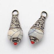 Brass Teardrop Pendants, with Resin Imitation Synthetic Turquoise and Antique Silver, White, 26~28x11mm, Hole: 4mm(PALLOY-F127-B-07)