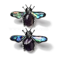 Tibetan Style Alloy Insect Brooches, with Natural Amethyst and Natural Paua Shell, Antique Silver, 36x56.5x13mm(JEWB-A021-03AS-06)