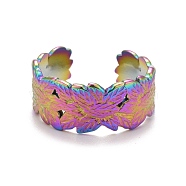 Rainbow Color Ion Plating(IP) 304 Stainless Steel Leaf Open Cuff Ring for Women, US Size 8 3/4(18.7mm)(RJEW-A005-16)