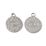 201 Stainless Steel Pendants, with Rhinestone, Flat Round with Eye Charm, Stainless Steel Color, 19x15x2mm, Hole: 2.5mm(STAS-J401-VC551)
