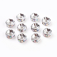 Brass Rhinestone Spacer Beads, Grade AAA, Straight Flange, Nickel Free, Silver Color Plated, Rondelle, Crystal AB, 8x3.8mm, Hole: 1.5mm(RB-A014-Z8mm-28S-NF)