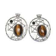 Natural Tiger Eye Oval Pendants, Rack Plating Antique Silver Plated Brass Pave Rhinestone Oval Charms, Cadmium Free & Lead Free, 45x35x8mm, Hole: 3.5mm(G-Q165-03AS-02)