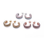 Brass Micro Pave Cubic Zirconia Stud Earrings, Half Hoop Earrings, with Brass Ear Nuts, Ring, Colorful, Mixed Color, 18x5mm, Pin: 0.7mm(EJEW-F198-07-02)