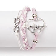 Alloy Heart Beat & 304 Stainless Steel Infinity Links Multi-strand Bracelet, Faux Suede Braided Tripel Layer Bracelet for Women, Thistle, 7-1/4 inch(18.3cm)(BJEW-TA00190-01)