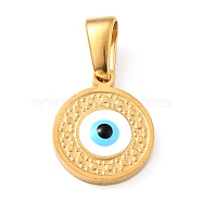 Vacuum Plating 304 Stainless Steel Charms with Enamel, Flat Round with Evil Eye, Golden, 12x10x2mm, Hole: 4.5x2.5mm(STAS-D182-06G)