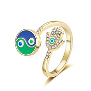 Yin-yang & Hamsa Hand with Evil Eye Enamel Rotatable Cuff Rings for Women, Brass Cubic Zirconia Fidget Spinner Rings for Calming Worry Meditation, Golden, Inner Diameter: 18mm(RJEW-M016-06G)