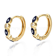 Brass Micro Pave Cubic Zirconia Huggie Hoop Earrings, with Enamel, Nickel Free, Ring with Evil Eye, Real 16K Gold Plated, Dark Blue, 16x3mm, Pin: 1mm(EJEW-T014-09G-01-NF)