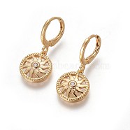 Brass Dangle Hoop Earrings, with Micro Pave Cubic Zirconia, Flat Round with Sun, Golden, 27mm, Pin: 1mm(EJEW-F199-05G)