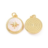 Brass Shell Pendants, with Jump Ring, Flat Round with Star Charms, Real 18K Gold Plated, 16.5x14.5x3.5mm, Jump Ring: 4x0.8mm, Inner Diameter: 2.6mm(KK-E068-VC114)