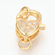 Brass Micro Pave Cubic Zirconia Lobster Claw Clasps, with Jump Rings, Heart, Golden, 14x11x6mm, Hole: 3mm(ZIRC-Q013-133G)