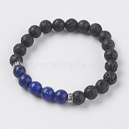 Natural Lava Rock and Natural Lapis Lazuli Beads Stretch Bracelets, with Alloy Finding, 2 inch(52mm)(BJEW-E326-10B)