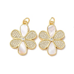Brass Micro Pave Clear Cubic Zirconia Pendants, with Shell, Real 18K Gold Plated, Flower, 24.5x17.5x2.5mm, Hole: 3mm(KK-B083-17G-06)
