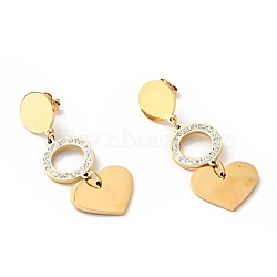 Crystal Rhinestone Ring and Heart Long Dangle Stud Earrings with 316 Stainless Steel Pins, PVD Vacuum Plating 304 Stainless Steel Jewelry for Women, Golden, 50mm, Pin: 0.7mm(EJEW-F285-04G)