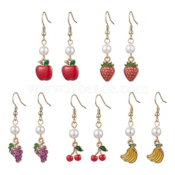 Shell Pearl Dangle Earrings, Fruit Alloy Enamel Drop Earrings, Mixed Color, 42.5~46.5x9~11.5mm(EJEW-JE05701)