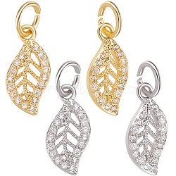 20Pcs 2 Colors Brass Micro Pave Cubic Zirconia Charms, with Jump Ring, Long-Lasting Plated, Leaf Charm, Real 18K Gold Plated & Real Platinum Plated, Clear, 13x6x1mm, Hole: 3mm, 10pcs/color(ZIRC-BBC0001-56)