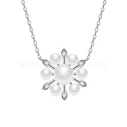 TINYSAND 925 Sterling Silver Pendant Necklace, Flower Pendant with Cubic Zirconia and Cultured Pearl, Platinum, 16 inch(TS-N441-S)