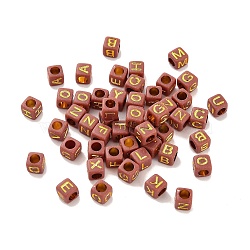 Opaque Acrylic Beads, Cube with Letter, Golden Metal Enlaced, Indian Red, 6x6x9mm, Hole: 3mm, about 3125pcs/500g(OACR-H046-01F)