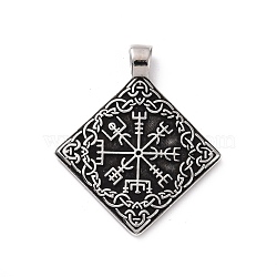 304 Stainless Steel Big Pendants, Rhombus with Vegvisir, Antique Silver, 51x43x4mm, Hole: 4.5x7mm(STAS-J039-16AS)
