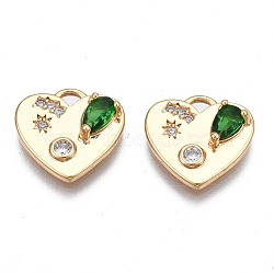 Brass Micro Pave Cubic Zirconia Charms, Nickel Free, Real 18K Gold Plated, Heart, Green, 12x12x3mm, Hole: 1.5mm(KK-N232-261B)