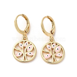 Tree with Evil Eye Real 18K Gold Plated Brass Dangle Leverback Earrings, with Enamel, Pink, 28.5x13.5mm(EJEW-Q797-19G-01)