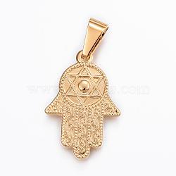 304 Stainless Steel Pendants, Hamsa Hand/Hand of Fatima/Hand of Miriam with Hexagram, Golden, 28.5x19.5x2.5mm, Hole: 9x4.5mm(STAS-H372-13G)