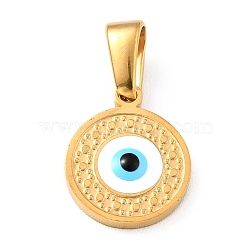 PVD Vacuum Plating 304 Stainless Steel Charms with Enamel, Flat Round with Evil Eye, Golden, 12x10x2mm, Hole: 4.5x2.5mm(STAS-D182-06G)