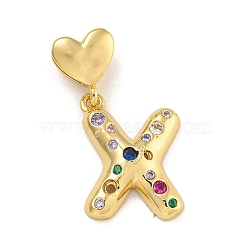 Brass Micro Pave Colorful Cubic Zirconia Pendants, Heart Letter Charms, Real 18K Gold Plated, Letter X, 30.5mm, Hole: 6x3mm, pendant: 21x15.5x4mm(KK-P281-01G-X)