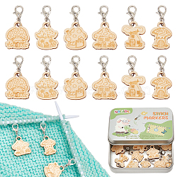 Wood Mushroom House Pendant Locking Stitch Markers, Crochet Lobster Clasp Charms, Old Lace, 3.2cm, 12pcs/set(HJEW-NB00121)