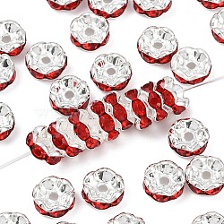 Brass Grade A Rhinestone Spacer Beads, Wavy Edge, Rondelle, Nickel Free, Silver, Siam, about 8mm in diameter, 3.8mm thick, hole: 1.5mm(RSB030NF-08)