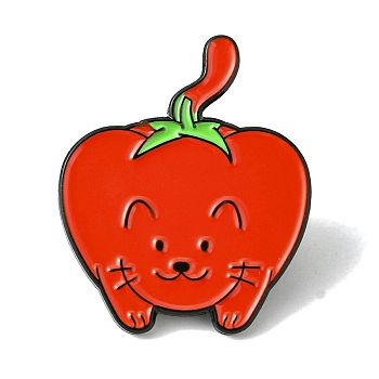 Black Alloy Brooches, Enamel Pins, for Backpack Cloth, Cat Shape, Tomato, 30.5x25.5x1.5mm