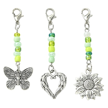 Glass Beaded & Alloy Pendant Decorations, with Alloy Lobster Claw Clasps, Butterfly & Flower & Heart, Antique Silver, 53~59mm, 3pcs/set