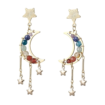 Chakra Moon Copper Wire Wrapped Gemstone Stud Earring, Star 201 Stainless Steel Dangle Earrings for Women, 61x21.5mm