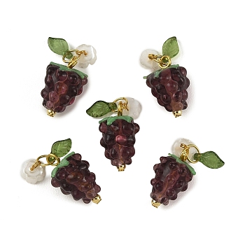 5Pcs Grape Handmade Lampwork & Resin & Acrylic Pendants, with GoldenBrass Findings, Golden, Pale Violet Red, 23mm