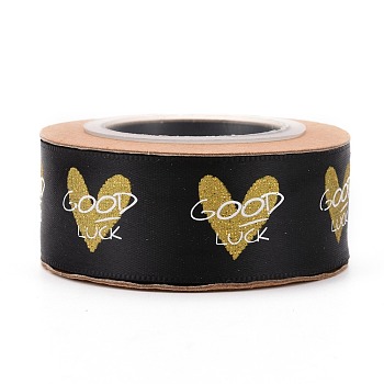 Polyester Ribbons, Single Face Golden Hot Stamping, for Gifts Wrapping, Party Decoration, Heart & Word Good Luck Pattern, Black, 1-1/8 inch(27mm), 10yards/roll(9.14m/roll)