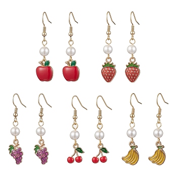 Shell Pearl Dangle Earrings, Fruit Alloy Enamel Drop Earrings, Mixed Color, 42.5~46.5x9~11.5mm