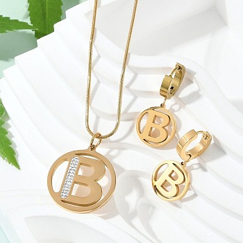 Flat Round with Letter B 304 Stainless Steel Pendant Necklaces & Hoop Earring Jewelry Sets, with Polymer Clay Rhinestone, Ion Plating(IP), Golden, 15.55 inch(39.5cm)