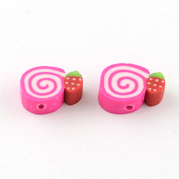 Handmade Cake Polymer Clay Beads, Deep Pink, 9~10x12~13x4mm, Hole: 1mm
