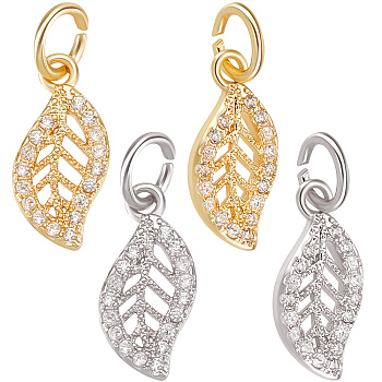 20Pcs 2 Colors Brass Micro Pave Cubic Zirconia Charms, with Jump Ring, Long-Lasting Plated, Leaf Charm, Real 18K Gold Plated & Real Platinum Plated, Clear, 13x6x1mm, Hole: 3mm, 10pcs/color