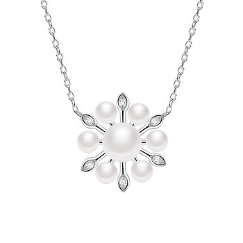 TINYSAND Rhodium Plated 925 Sterling Silver Pendant Necklace, Flower Pendant with Cubic Zirconia and Cultured Pearl, Platinum, 16 inch