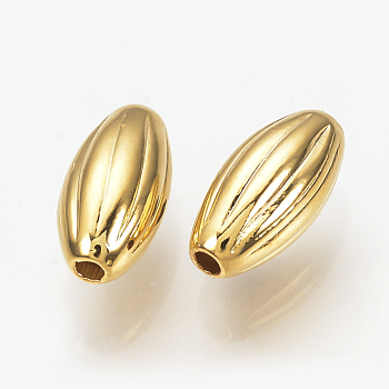 Brass Corrugated Beads, Nickel Free, Real 18K Gold Plated, Oval, 8x4mm, Hole: 1mm