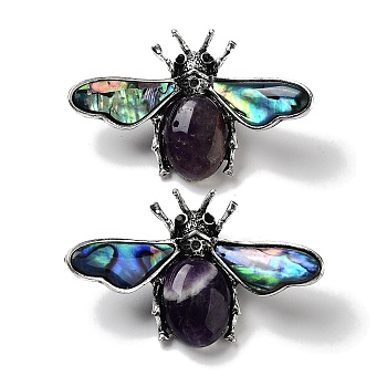 Tibetan Style Alloy Insect Brooches, with Natural Amethyst and Natural Paua Shell, Antique Silver, 36x56.5x13mm