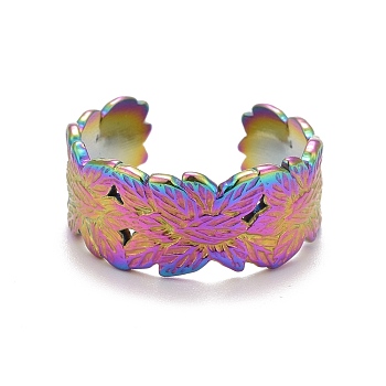 Rainbow Color Ion Plating(IP) 304 Stainless Steel Leaf Open Cuff Ring for Women, US Size 8 3/4(18.7mm)