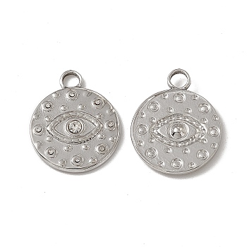 201 Stainless Steel Pendants, with Rhinestone, Flat Round with Eye Charm, Stainless Steel Color, 19x15x2mm, Hole: 2.5mm