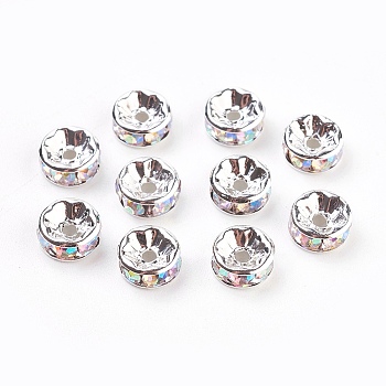 Brass Rhinestone Spacer Beads, Grade AAA, Straight Flange, Nickel Free, Silver Color Plated, Rondelle, Crystal AB, 8x3.8mm, Hole: 1.5mm