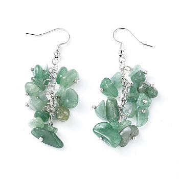 Dangle Earrings, Cluster Earrings, with Natural Green Aventurine Chips and Platinum Plated Brass Earring Hooks, 60~63mm, Pin: 0.5mm