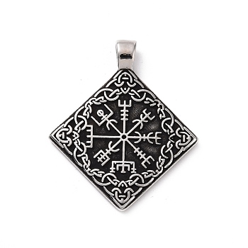 304 Stainless Steel Big Pendants, Rhombus with Vegvisir, Antique Silver, 51x43x4mm, Hole: 4.5x7mm