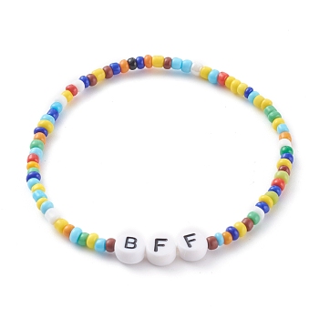 Glass Seed Beads Stretch Bracelets, with Acrylic Letter Beads, Word BFF, Colorful, Inner Diameter: 2-1/4 inch(5.7cm)